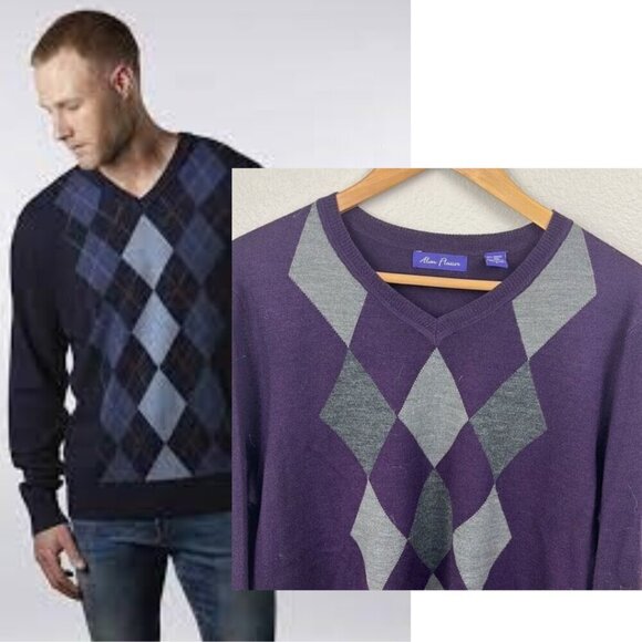 Alan Flusser Purple Argyle Sweater Merino Wool Long Sleeve V-Neck Relaxed L - Picture 2 of 8
